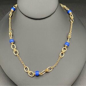 Banana Republic Signed Gold Tone Cable Chain with Blue Accent Beads - Nautical